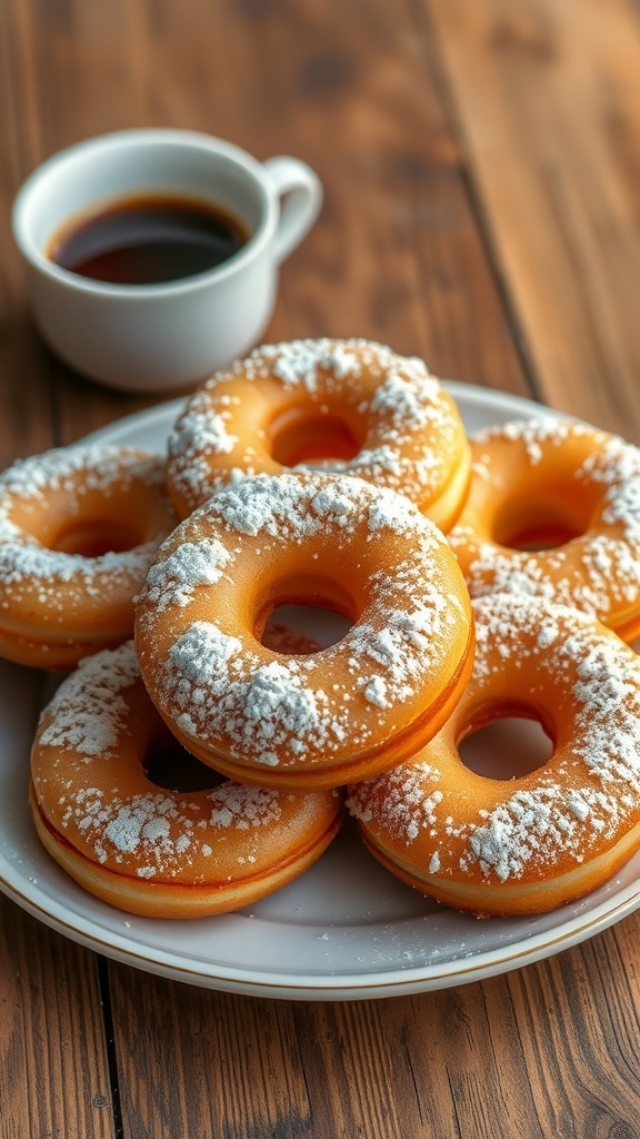 A plate of fluffy yeast doughnuts dusted with powdered sugar on a wooden table with coffee.